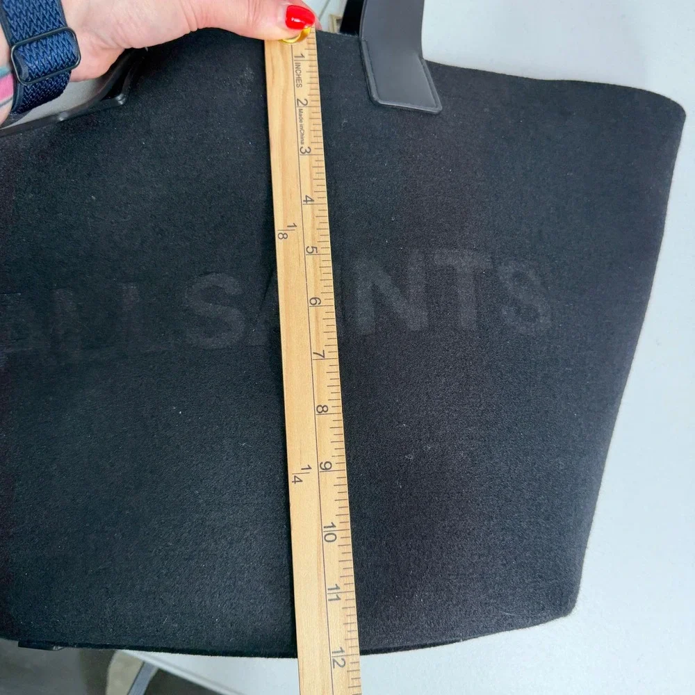 AllSaints Anik Spacious Felt Logo Tote Bag Black Leather Buckle Straps W306XB